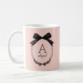 Elegant Black Bow Initial Chic Blush Pink Monogram コーヒーマグカップ