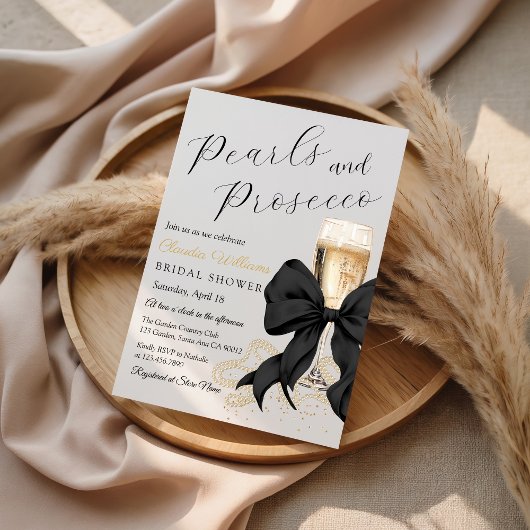 Elegant Black Bow Pearls Bridal Shower Invitation 招待状