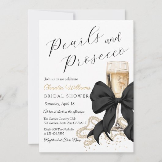 Elegant Black Bow Pearls Bridal Shower Invitation 招待状 (正面)