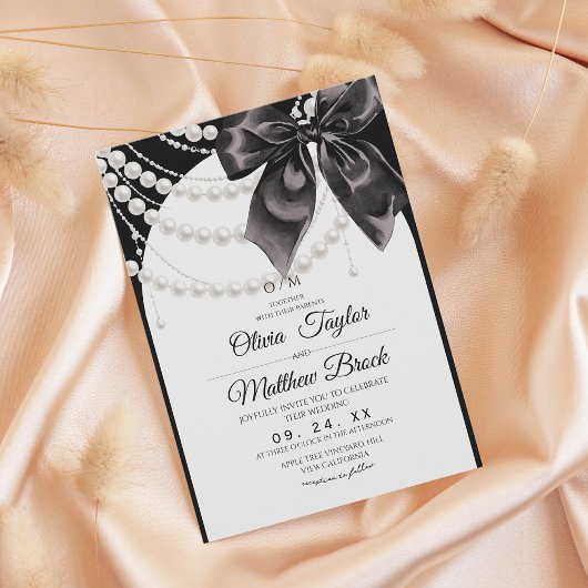 Elegant Black Bow Pearls Wedding 招待状