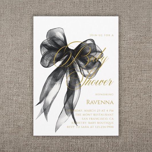 Elegant Black Bow Simple Template Baby Shower 招待状