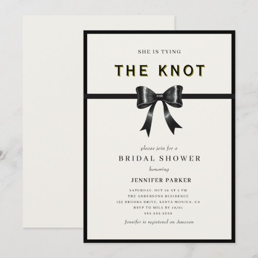 Elegant Black Bow Tying the knot Bridal Shower 招待状 (正面/裏面)