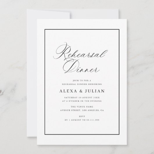 Elegant black calligraphy rehearsal dinner 招待状 (正面)