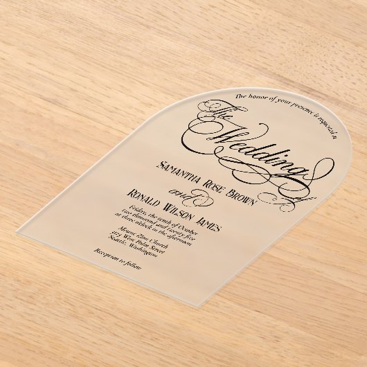 Elegant Black Calligraphy Text Clear Wedding アクリル招待状 (レイダウン)