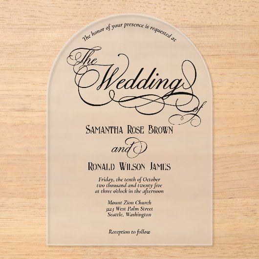 Elegant Black Calligraphy Text Clear Wedding アクリル招待状 (正面)