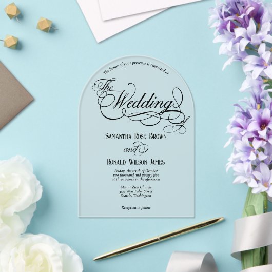 Elegant Black Calligraphy Text Clear Wedding  アクリル招待状 (インサイチュ (ウェディング))