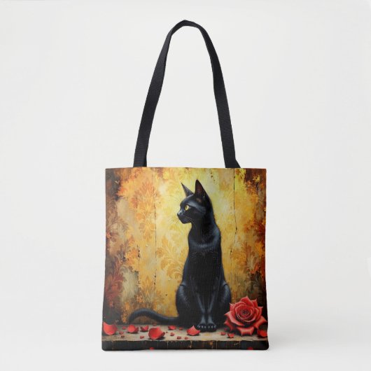 Elegant Black Cat and Red Rose トートバッグ (正面)