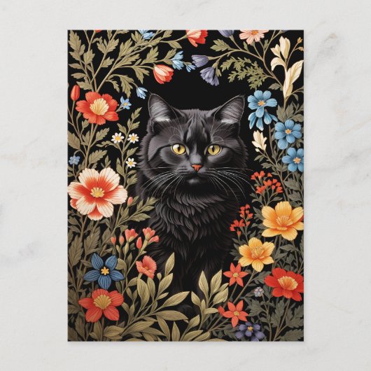 Elegant Black Cat Colorful Floral ポストカード (正面)
