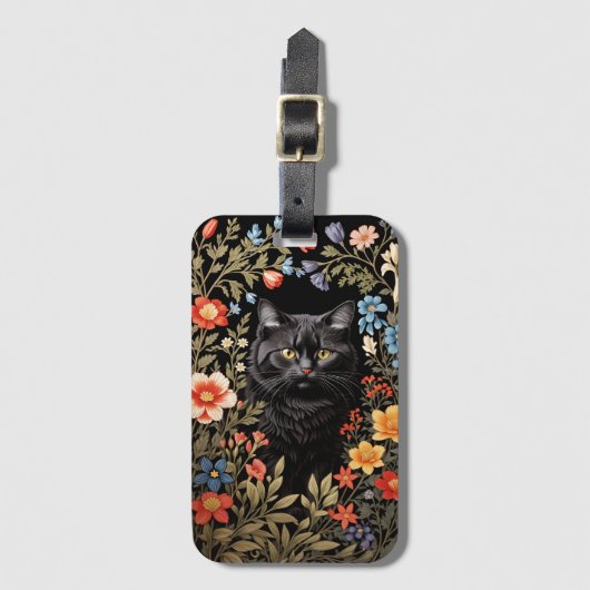 Elegant Black Cat Colorful Floral ラゲッジタグ (正面縦)