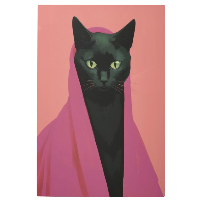 Elegant Black Cat in Pink メタルプリント (正面)