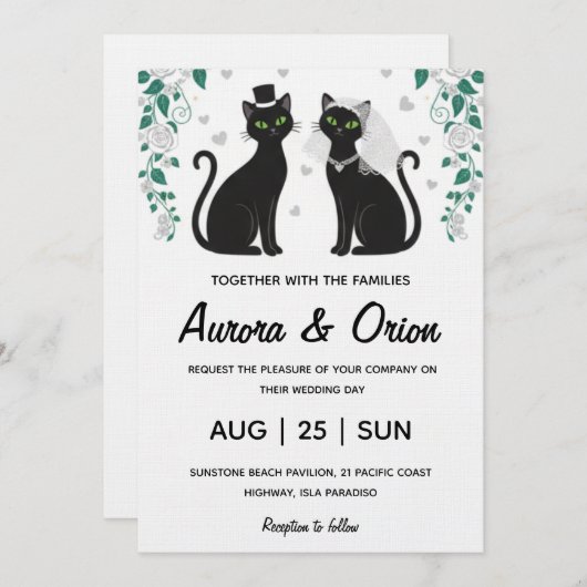 Elegant black cat wedding invitation 招待状 (正面/裏面)