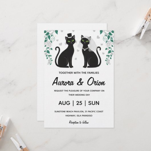 Elegant black cat wedding invitation 招待状 (正面/裏面インサイチュ)