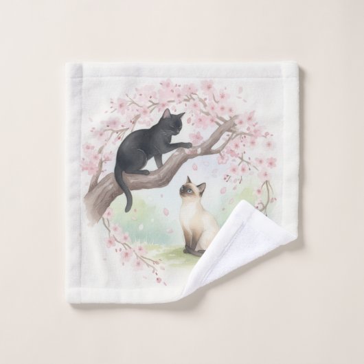 Elegant Black Cat with Japanese Cherry Blossoms ウォッシュタオル (ウォッシュタオル)