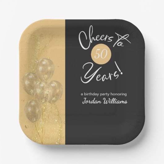 Elegant Black Cheers to 50 Years Birthday Party ペーパープレート (正面)