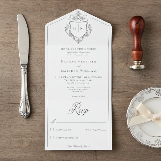 Elegant Black Chinoiserie Bird Crest Wedding オールインワン招待状