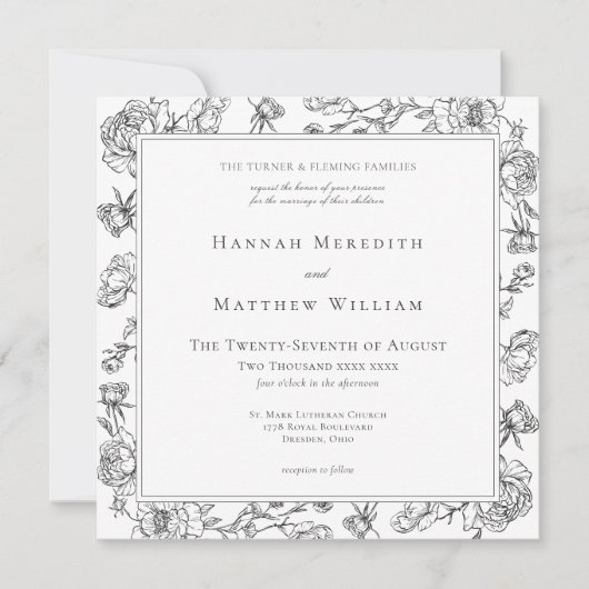 Elegant Black Chinoiserie Bird & Crest Wedding 招待状 (正面)