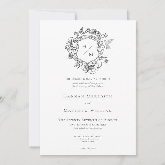 Elegant Black Chinoiserie Bird & Crest Wedding 招待状 (正面)