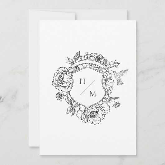 Elegant Black Chinoiserie Bird & Crest Wedding 招待状 (裏面)