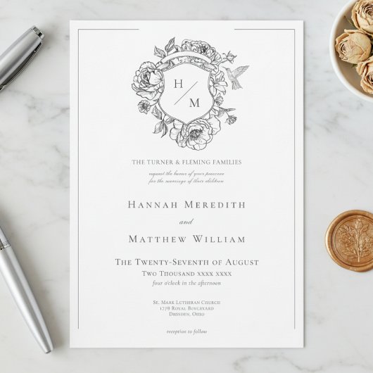 Elegant Black Chinoiserie Bird & Crest Wedding 招待状