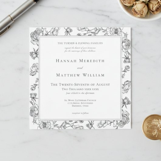 Elegant Black Chinoiserie Bird & Crest Wedding 招待状