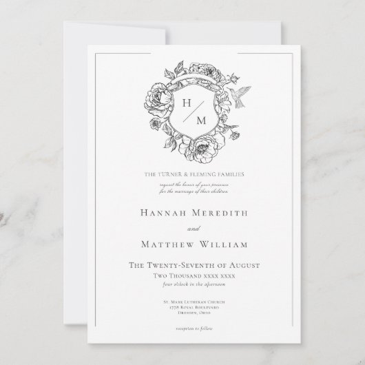 Elegant Black Chinoiserie Bird & Crest Wedding 招待状 (正面)