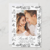 Elegant Black Chinoiserie Floral Photo Wedding セーブザデート (正面)