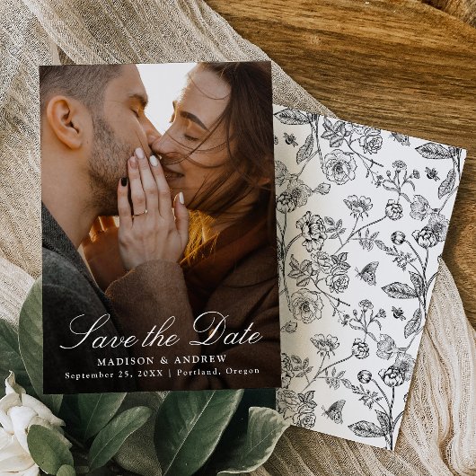 Elegant Black Chinoiserie Photo Wedding セーブザデート