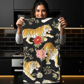 Elegant Black Chinoiserie Tiger and Peony Pattern キッチンタオル