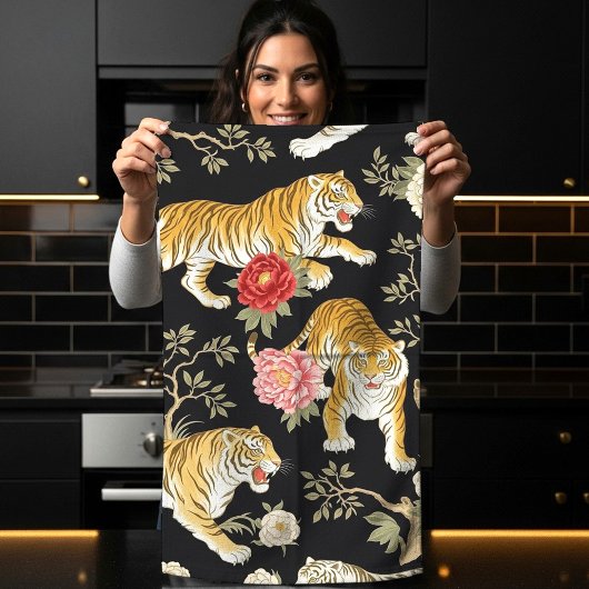 Elegant Black Chinoiserie Tiger and Peony Pattern キッチンタオル