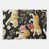 Elegant Black Chinoiserie Tiger and Peony Pattern キッチンタオル (横)