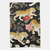 Elegant Black Chinoiserie Tiger and Peony Pattern キッチンタオル (縦)