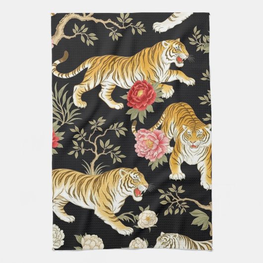 Elegant Black Chinoiserie Tiger and Peony Pattern キッチンタオル (縦)