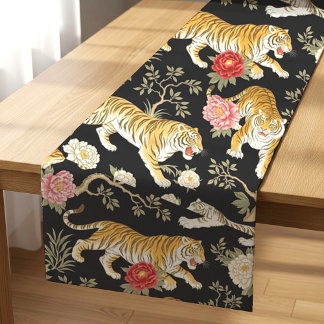 Elegant Black Chinoiserie Tiger and Peony Pattern ショートテーブルランナー
