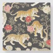 Elegant Black Chinoiserie Tiger and Peony Pattern ストーンコースター (正面)