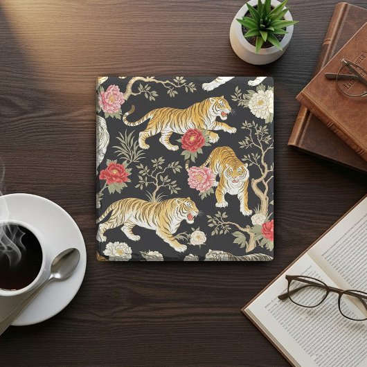 Elegant Black Chinoiserie Tiger and Peony Pattern ストーンコースター