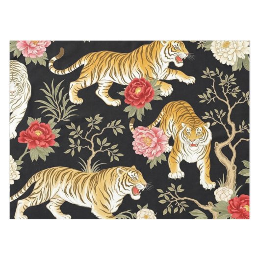 Elegant Black Chinoiserie Tiger and Peony Pattern テーブルクロス (正面(横))