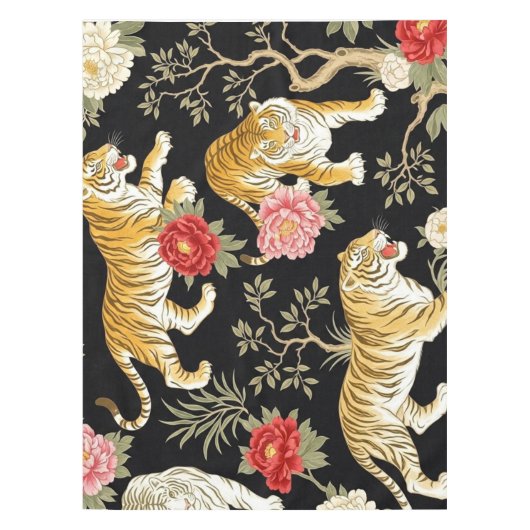 Elegant Black Chinoiserie Tiger and Peony Pattern テーブルクロス (正面)