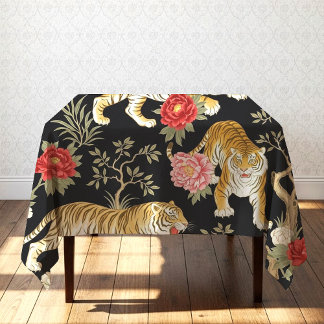 Elegant Black Chinoiserie Tiger and Peony Pattern テーブルクロス