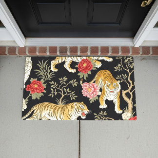 Elegant Black Chinoiserie Tiger and Peony Pattern ドアマット