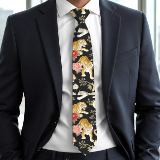 Elegant Black Chinoiserie Tiger and Peony Pattern ネクタイ