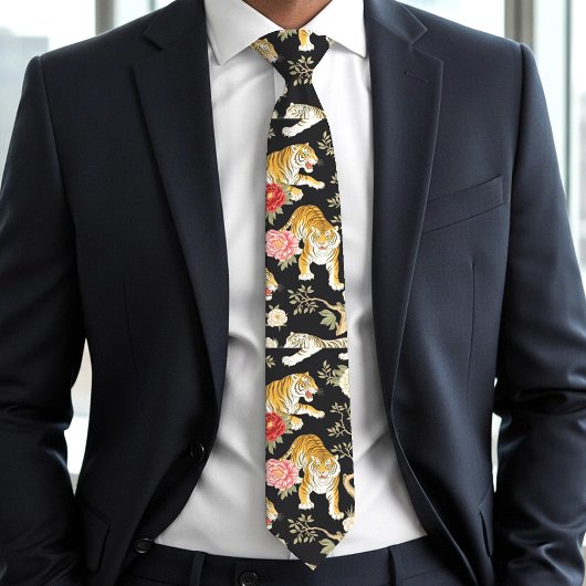 Elegant Black Chinoiserie Tiger and Peony Pattern ネクタイ