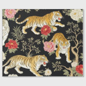 Elegant Black Chinoiserie Tiger and Peony Pattern ラッピングペーパー (フラット)