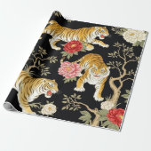Elegant Black Chinoiserie Tiger and Peony Pattern ラッピングペーパー (アンロールド)