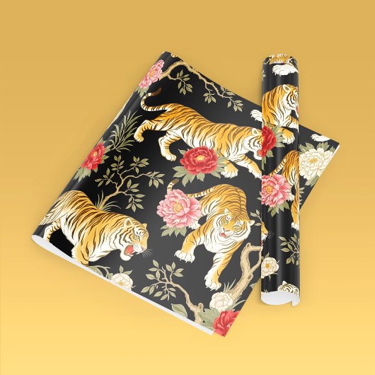 Elegant Black Chinoiserie Tiger and Peony Pattern ラッピングペーパー