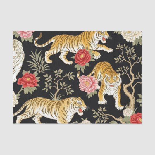 Elegant Black Chinoiserie Tiger and Peony Pattern 薄葉紙 (正面)