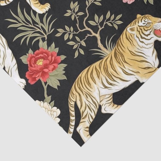Elegant Black Chinoiserie Tiger and Peony Pattern 薄葉紙 (詳細)
