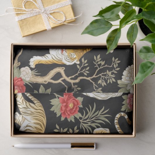 Elegant Black Chinoiserie Tiger and Peony Pattern 薄葉紙 (ギフト)