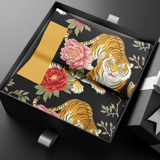 Elegant Black Chinoiserie Tiger and Peony Pattern 薄葉紙