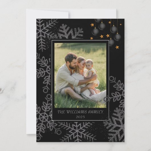 Elegant Black Christmas Greenery Wreath 4 Photo Ho シーズンカード (正面)