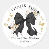 Elegant Black Coquette Bow Wildflowers Thank you ラウンドシール (正面)